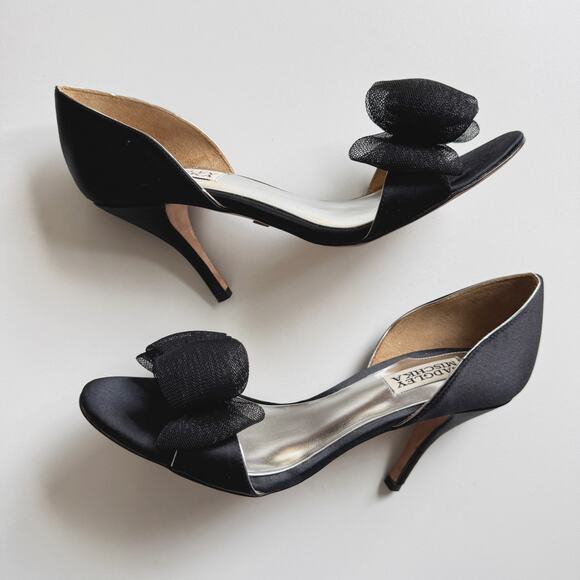 NWT Badgley Mischka Black Satin Mesh Bow Open Toe Xango D'Orsay Heels Size 8 - Picture 3 of 7